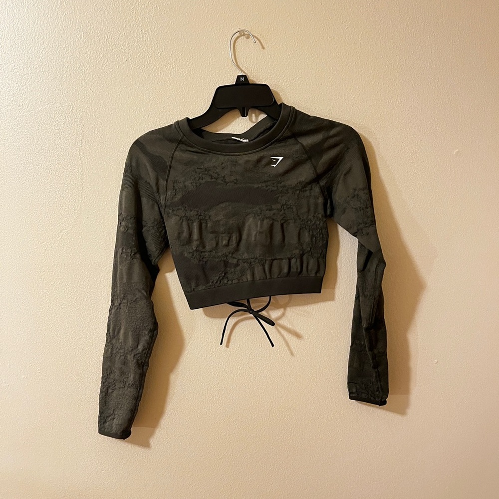Olive Green GYMSHARK Adapt Camo Crop Top